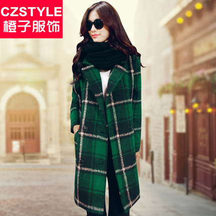 CzstyleByChez橙子服饰 格子毛呢外套女装2015新款秋装修身韩版中长款呢子大衣