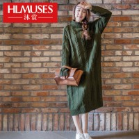 Hlmuses沐赏 2017秋冬新款文艺韩版高领麻花超长款宽松粗线毛衣女装外套 5色可选