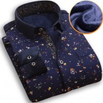 南极甲 冬季男士长袖碎花修身保暖衬衫 韩版加绒加厚印花衬衣