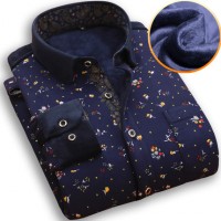 南极甲 冬季男士长袖碎花修身保暖衬衫 韩版加绒加厚印花衬衣