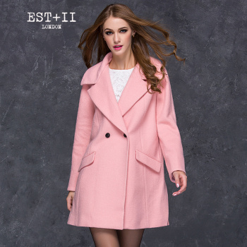 EST+II 艺诗 品牌2015冬装新品韩版双排扣V领中长款毛呢大衣EKD8E18K81