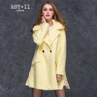 EST＋II 艺诗 品牌2015冬装新品韩版双排扣V领中长款毛呢大衣EKD8E18K81