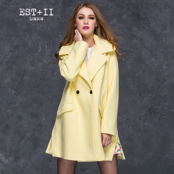 EST+II 艺诗 品牌2015冬装新品韩版双排扣V领中长款毛呢大衣EKD8E18K81