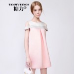 糖力 2015新品欧洲站圆领短裙无袖拼接连衣裙 露肩甜美显瘦淑女A字裙 蜜研粉