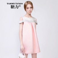 糖力 2015新品欧洲站圆领短裙无袖拼接连衣裙 露肩甜美显瘦淑女A字裙 蜜研粉