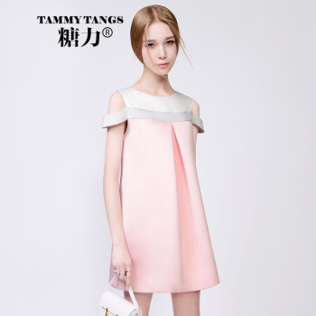 糖力 2015新品欧洲站圆领短裙无袖拼接连衣裙 露肩甜美显瘦淑女A字裙 蜜研粉
