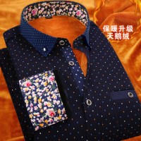 圣大华奴 男装 韩版印花加绒长袖男士保暖衬衫 修身免烫休闲衬衣 多款可选