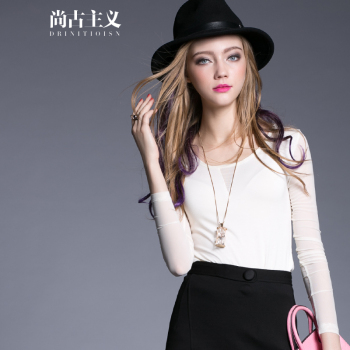 预售12月6号到货!尚古主义 2015秋冬新款欧美女装网纱上衣 修身长袖女士T恤 纯色打底衫 2色可选