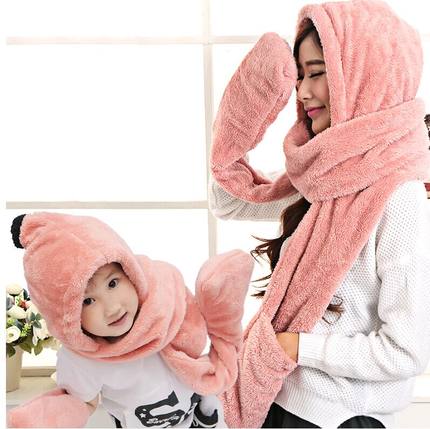 伊晗莫 韩版女秋冬保暖帽子围巾手套三件一体亲子儿童成人珊瑚毛绒三件套