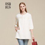 OSA欧莎 2015秋季新款女装 韩版H型蕾丝拼接中长款风衣 米杏色