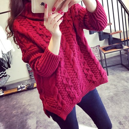 Asally爱尚丽 高领套头加厚女装秋冬新款针织衫 复古麻花韩国毛衣