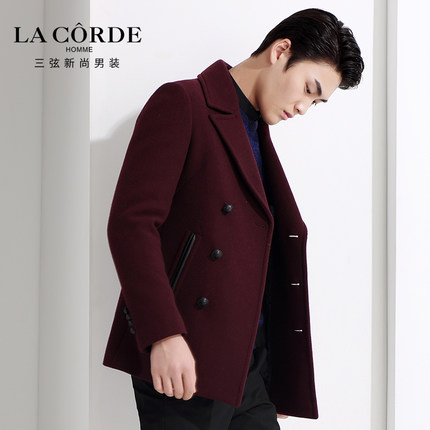 三弦男装 男士韩版修身毛呢大衣 冬季中长款羊毛呢子外套