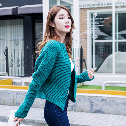 迷简 春秋韩版长袖宽松大码开衫 蝙蝠袖短款针织衫 小披肩 纯色毛衣外套 4色可选
