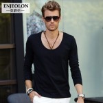 Enjeolon英爵伦 男士性感大圆领低领纯色长袖T恤 纯棉打底衫 4色可选