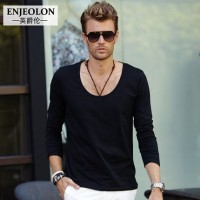 Enjeolon英爵伦 男士性感大圆领低领纯色长袖T恤 纯棉打底衫 4色可选