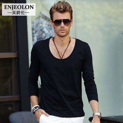 10:00点!Enjeolon英爵伦 男士性感大圆领低领纯色长袖T恤 纯棉打底衫 4色可选