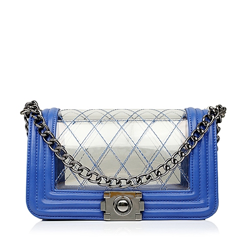 Tata他她 春季蓝色PU配透明PU女式单肩斜挎手袋 菱格链条包6711DAX5