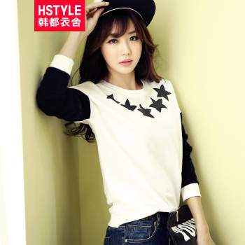 韩都衣舍 韩版2016春装新款女装宽松显瘦印花长袖T恤YK5597