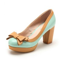 Safiya索菲娅 蓝色羊皮/杏色PU粗跟圆头单鞋SF4111008221