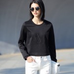 Amii极简主义 2016夏装女圆领空气层弹力字母压花修身卫衣11670459 黑色