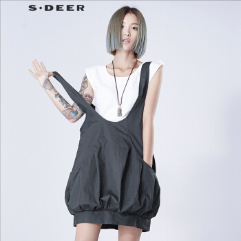 sdeer 圣迪奥 2016夏装新款女装可爱娃娃装宽松背带裙 灰钻蓝