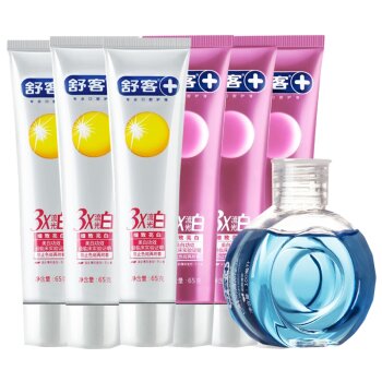 Saky舒客 3X流光白早晚牙膏细致亮白65g*6支装(送3X劲爽薄荷漱口水100ml)