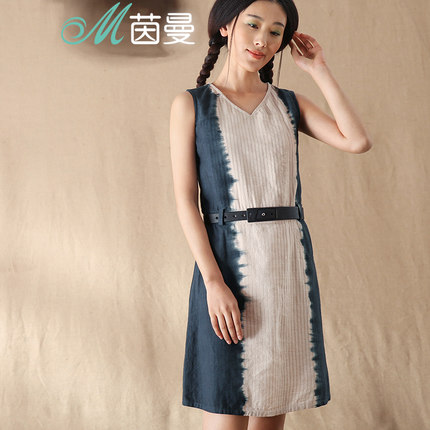 茵曼 夏装棉质撞色印染无袖连衣裙A字裙短裙女 8521030292 清仓