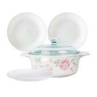 CORNINGWARE康宁 3.25L田园玫瑰玻璃锅+餐具四件组套装CW-32RS7810N/CN