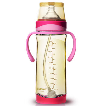 kidsme亲亲我 感温奶瓶 宽口径PPSU新生婴儿奶瓶带吸管手柄300ML(红)