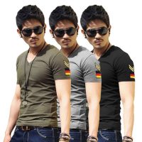 圣桑 男装短袖t恤V领军装男士纯色体恤修身衣服纯色打底衫运动夏季韩版潮 15款可选