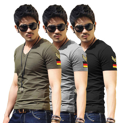 圣桑 男装短袖t恤V领军装男士纯色体血修身衣服纯色打底衫运动夏季韩版潮