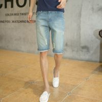 Myersem迈尔森尼 牛仔短裤男夏季韩版直筒大码破洞休闲五分牛仔裤薄款修身5分裤 2色可选