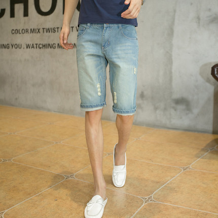 Myersem迈尔森尼 牛仔短裤男夏季韩版直筒大码破洞休闲五分牛仔裤薄款修身5分裤
