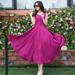 欧蜜绮 2016韩款夏版雪纺V领无袖大摆时尚度假高腰收腰长款连衣裙 15色可选