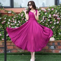 欧蜜绮 2016韩款夏版雪纺V领无袖大摆时尚度假高腰收腰长款连衣裙 15色可选