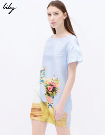 Lily 夏装女装复古直筒套头泡泡袖印花连衣裙114220J7365