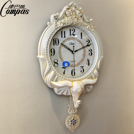 Compas康巴丝 创意挂钟欧式田园摇摆钟表现代客厅静音时钟个性大象石英钟
