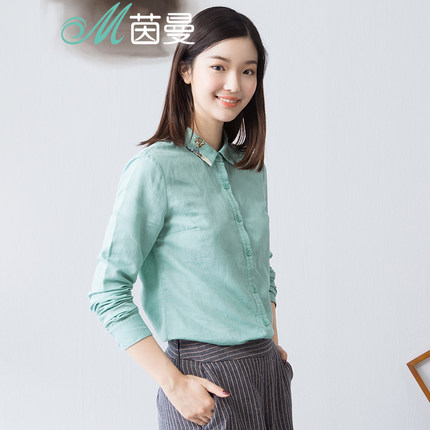 INMAN茵曼 2016秋装新款文艺印花长袖亚麻衬衣女士棉麻衬衫1863011037