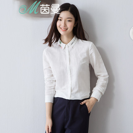 INMAN茵曼 2016秋装新款文艺印花长袖亚麻衬衣女士棉麻衬衫1863011037