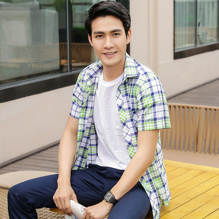 牧鹿 夏季短袖衬衫 韩版修身时尚休闲格子男士衬衣衣服青年潮男装