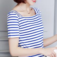 艾尚芭黎 黑白条纹t恤短袖纯棉体恤一字领上衣 2016新款潮女装夏装 9色可选