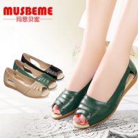 MUSBEME 妈妈凉鞋真皮软底低跟鱼嘴鞋大码中老年女鞋防滑夏季妈妈鞋 3色可选