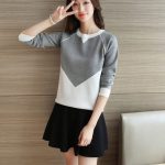 懿彩 2016秋季女装韩版新款宽松套头毛衣拼色针织衫长袖学生装 4色可选