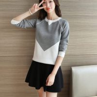 懿彩 2016秋季女装韩版新款宽松套头毛衣拼色针织衫长袖学生装 4色可选