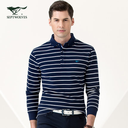 七匹狼 长袖T恤 2016秋季新品青年男士条纹T恤商务休闲翻领polo衫