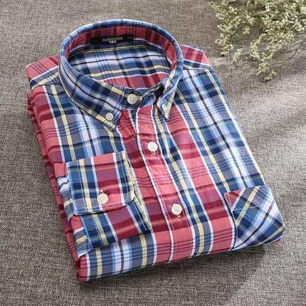 雪斯登 春夏秋季纯棉格子衬衫男长袖薄款中青年男士休闲英伦宽松衬衣免烫