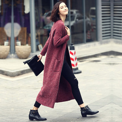 卡斯莉娅 女装秋装2016新款潮 毛衣外套中长款针织衫宽松显瘦外搭开衫