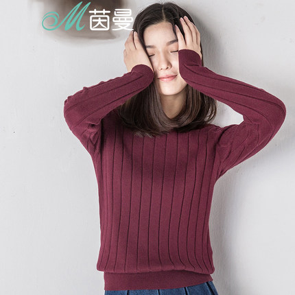 INMAN茵曼 2016秋装新款文艺范纯色长袖套头针织衫女打底衫1863302586