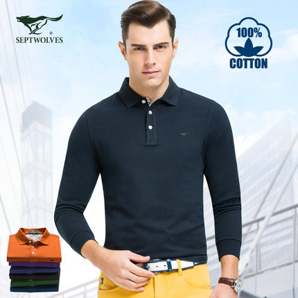 七匹狼 长袖t恤 青年男装翻领T恤 商务纯色上衣2016秋季新品POLO衫