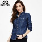 美帛 牛仔衬衫韩范修身学院风中长款薄款秋季女装外套长袖衬衣 3色可选